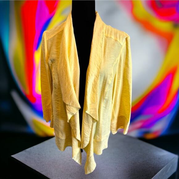 Chico's Womens Jacket Sz 2 L 12 Yellow Sheen Shine Metallic Drape Front Draped - Picture 1 of 8